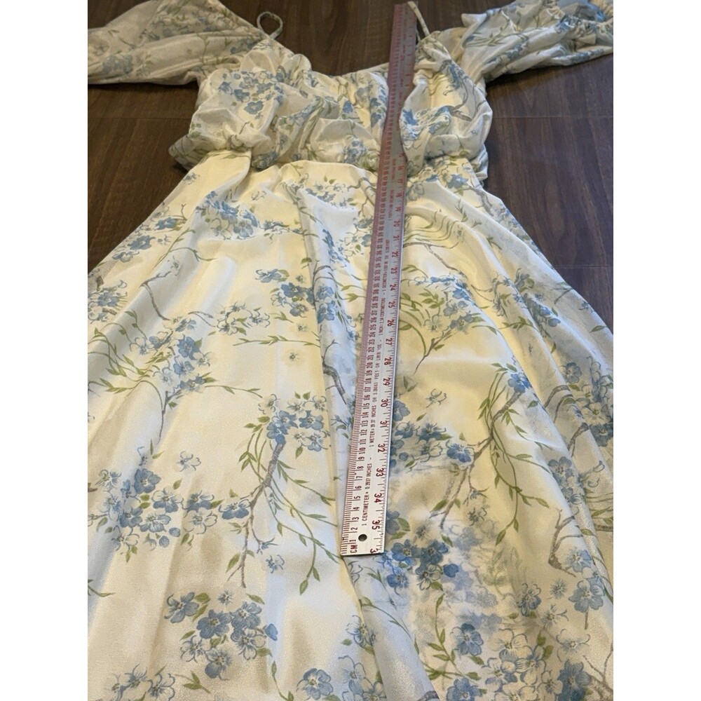 Vtg 70s Cream Delicate Blue Flowers Blouson Maxi Dress Floral Prairie Cottage - Picture 16 of 16